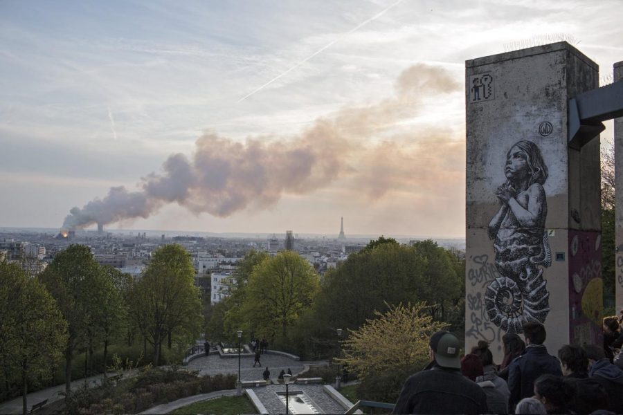 A crowd of Parisians watches the fire from afar. 